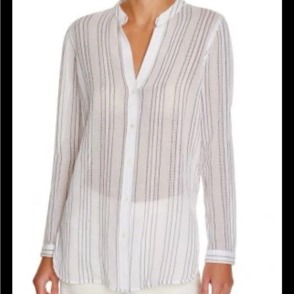 VINCE Lightweight Striped Cotton Button Down Shirt Sz 6 White Blue - Picture 2 of 10